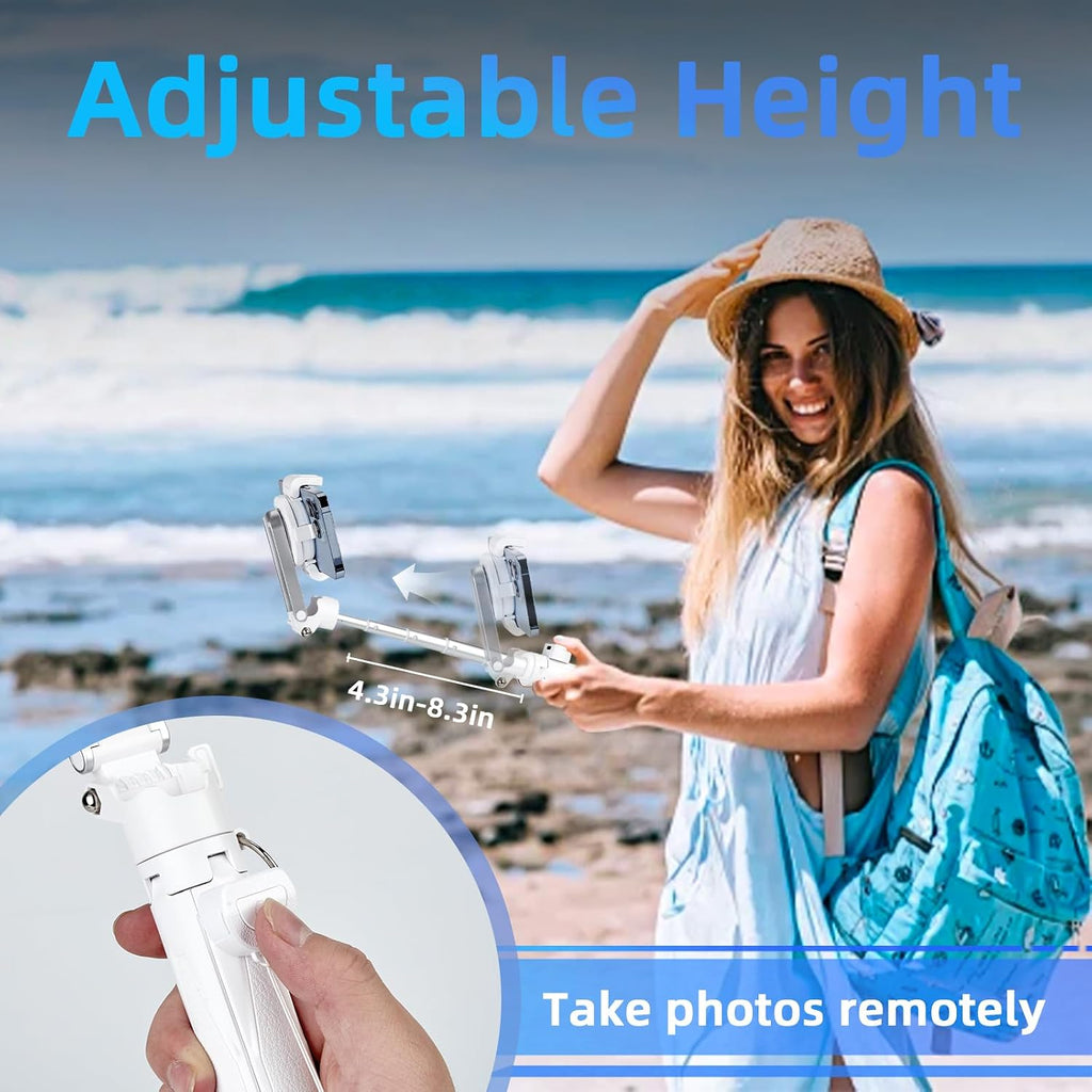MQOUNY for Magsafe Tripod Stand for iPhone,Portable Pocket Size Selfie Stick with Rechargeable Remote and Metal Ring,Extendable Detachable Cell Phone Tripod Compatible with iPhone/Android (White)