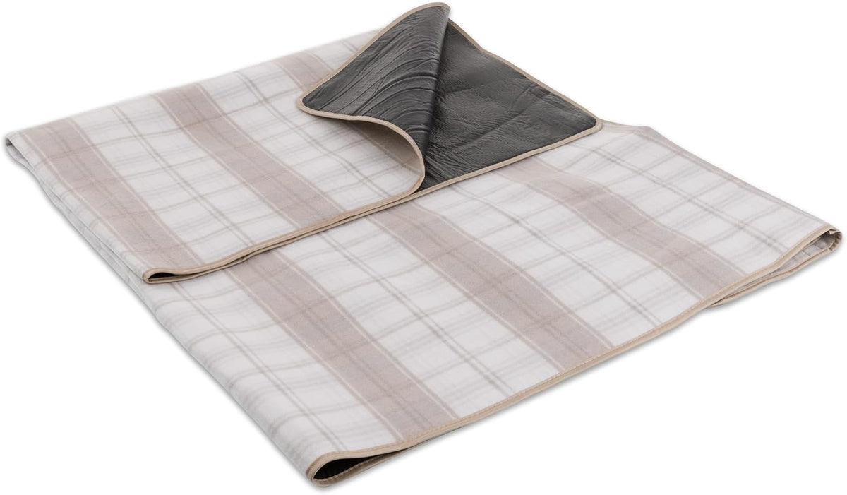 Picnic TIME Outdoor Picnic Blanket Tote, 59"x51" Foldable Beach & Camping Blanket with Soft Fleece, Water-Resistant Bottom, Adjustable Strap & Zippered Pocket (Neutral Plaid)
