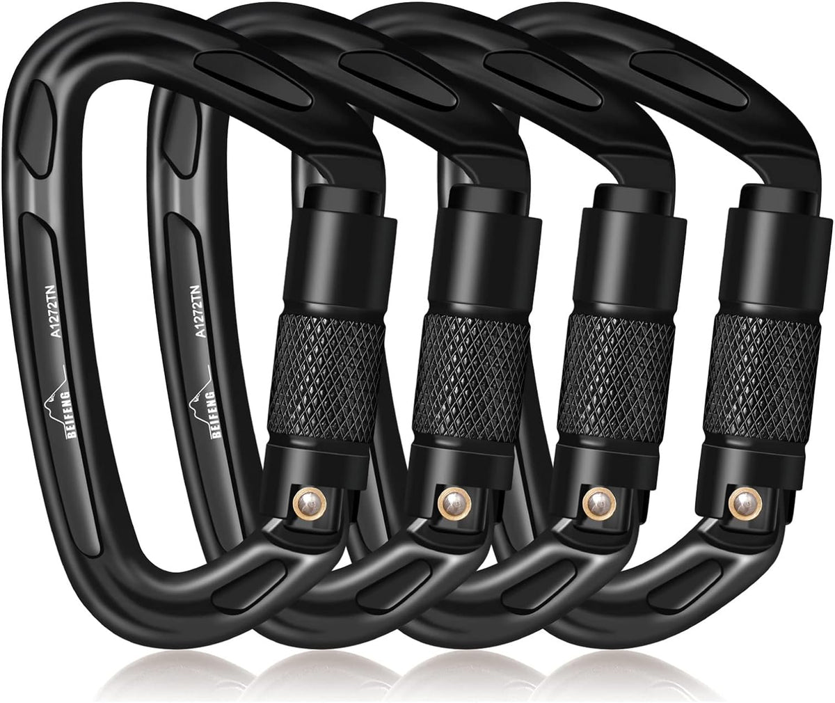 BEIFENG 25KN Auto Locking Carabiner - UIAA Certified Heavy Duty Climbing Carabiners for Rock Climbing, Camping, Rappelling, Hunting, Rescue Equipment - Professional Carabiner Clips (Black)