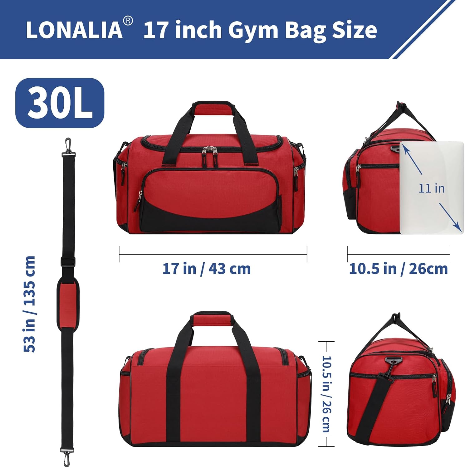 30L Gym Sport Duffle Bag, 17 inch, Red