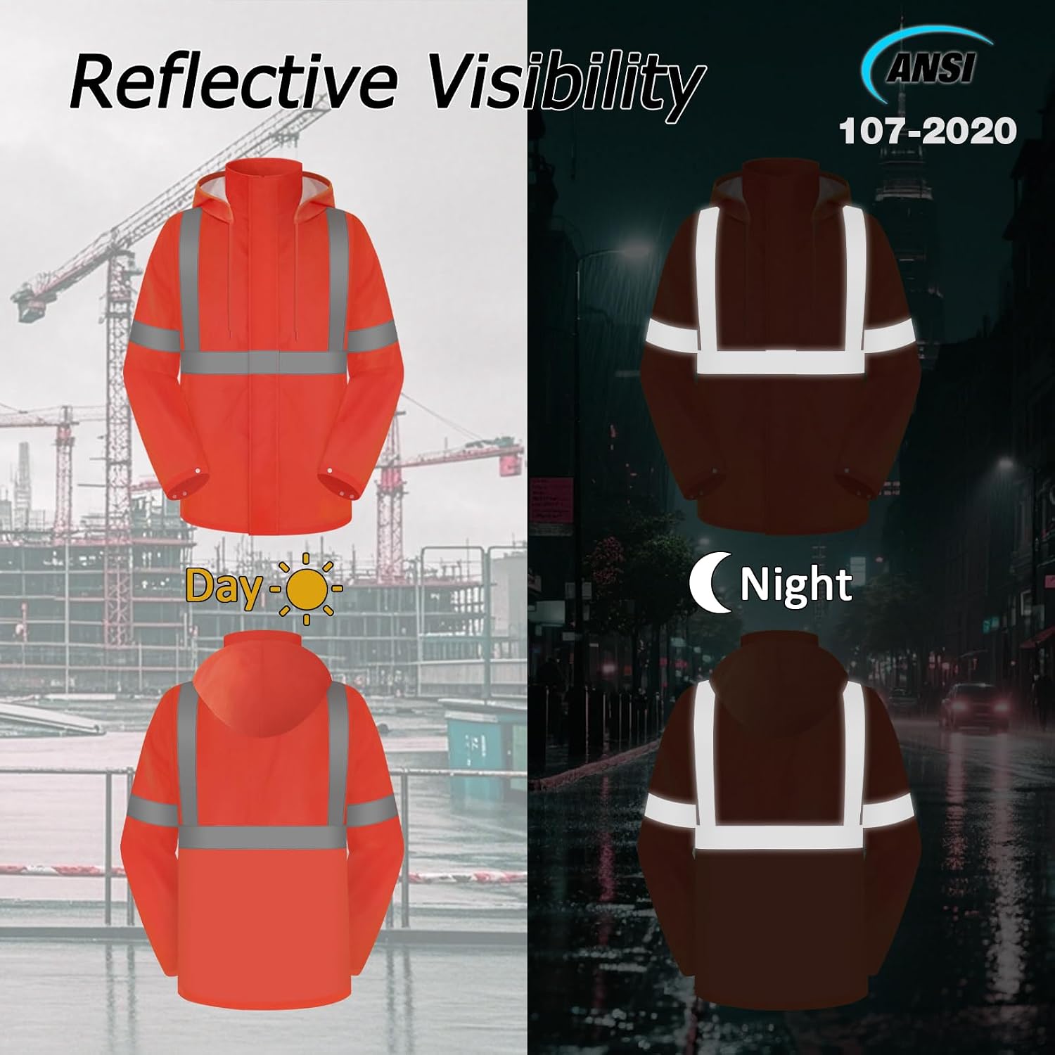 Hi Vis Rain Jacket Rain Suits for Men, High Visibility Waterproof Rain Coat with Hood, Class 3 Lightweight High Vis Rain Gear for Outdoor Activities& Safety Work, Men Women, Orange T, L-XL