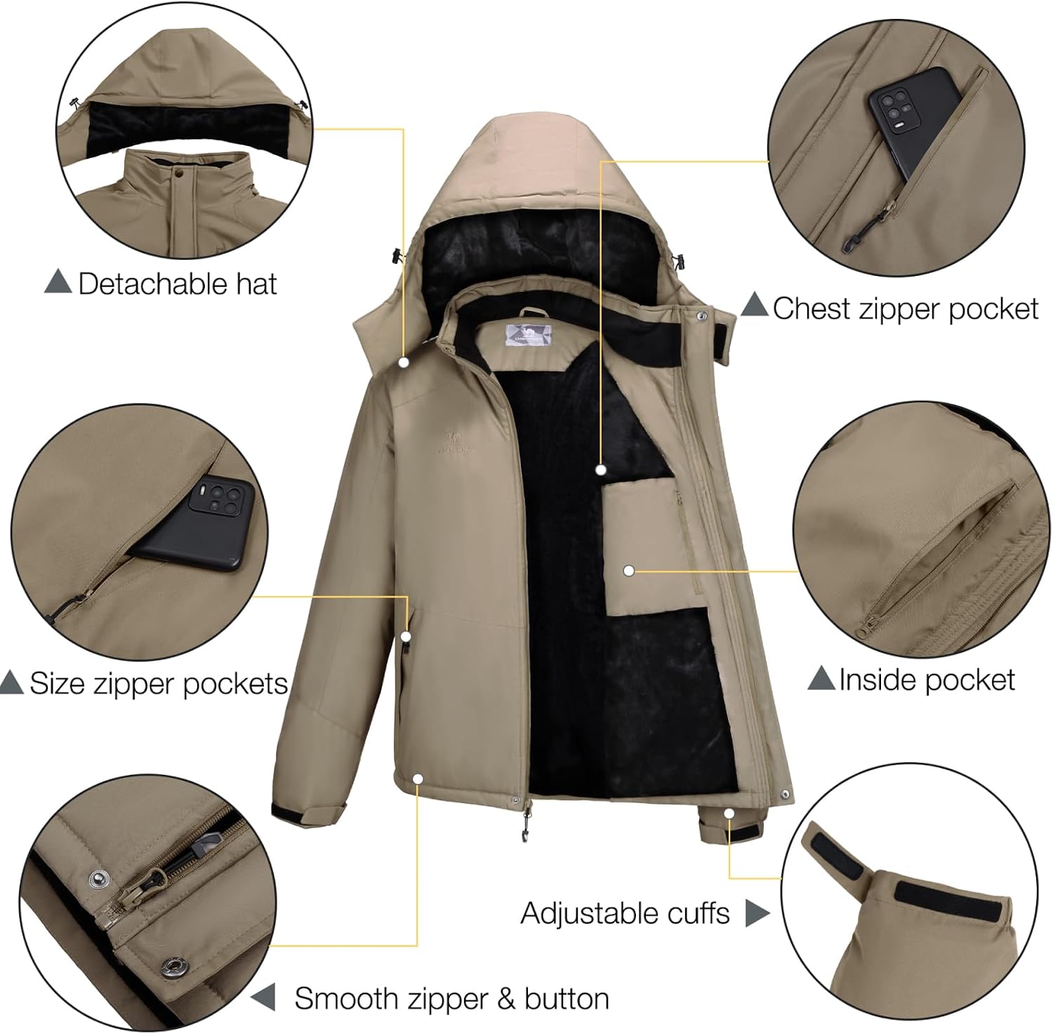 CAMELSPORTS Mens Winter Jacket Waterproof Warm Snow Ski Jackets Faux Fur Fleece Rain Coats with Removable Hood