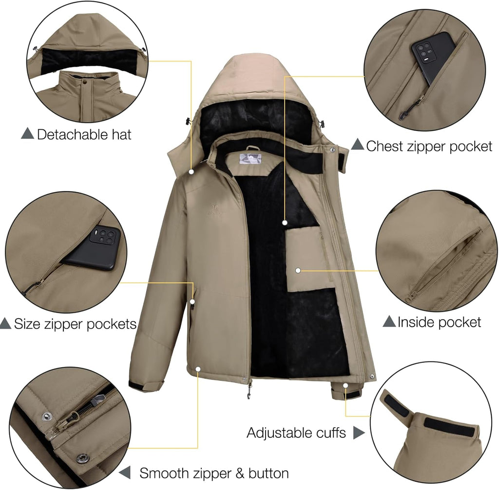 CAMELSPORTS Mens Winter Jacket Waterproof Warm Snow Ski Jackets Faux Fur Fleece Rain Coats with Removable Hood