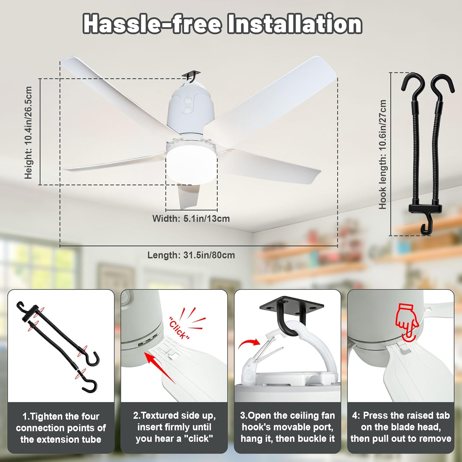 Gazebo Outdoor Ceiling Fan Light 31.5'', 40000mAh Large Portable Ceiling Fan With Remote and Hanging Hook, 4 Wind Speeds, 3000K-6500K Dimmable Canopy Fan Light For Patios, Pop Up Tent, Camping