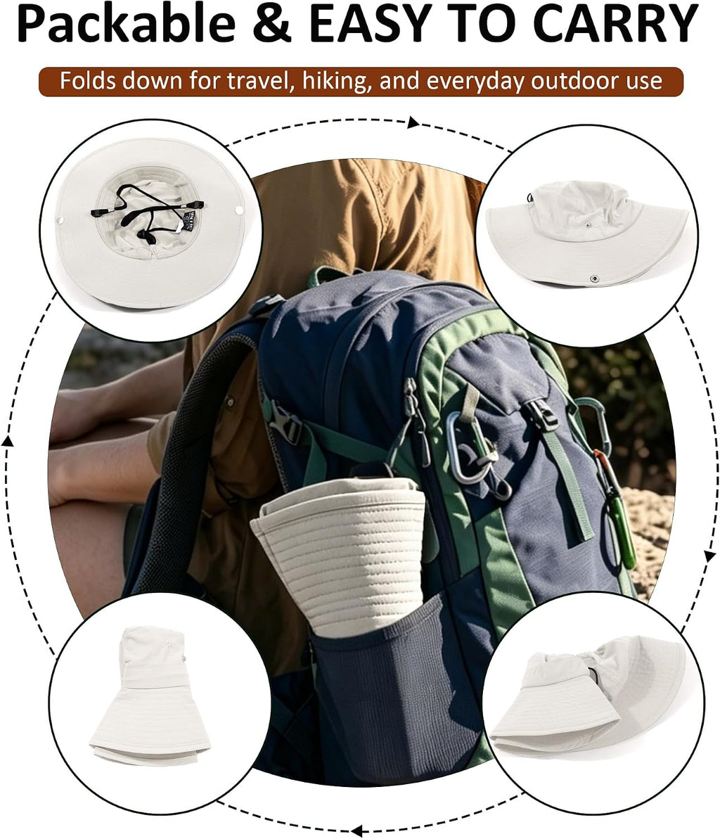 Womens Sun Hat with Ponytail Hole Wide Brim UPF 50+ Waterproof Bucket Hat Packable with Chin Strap for Hiking Beach Travel