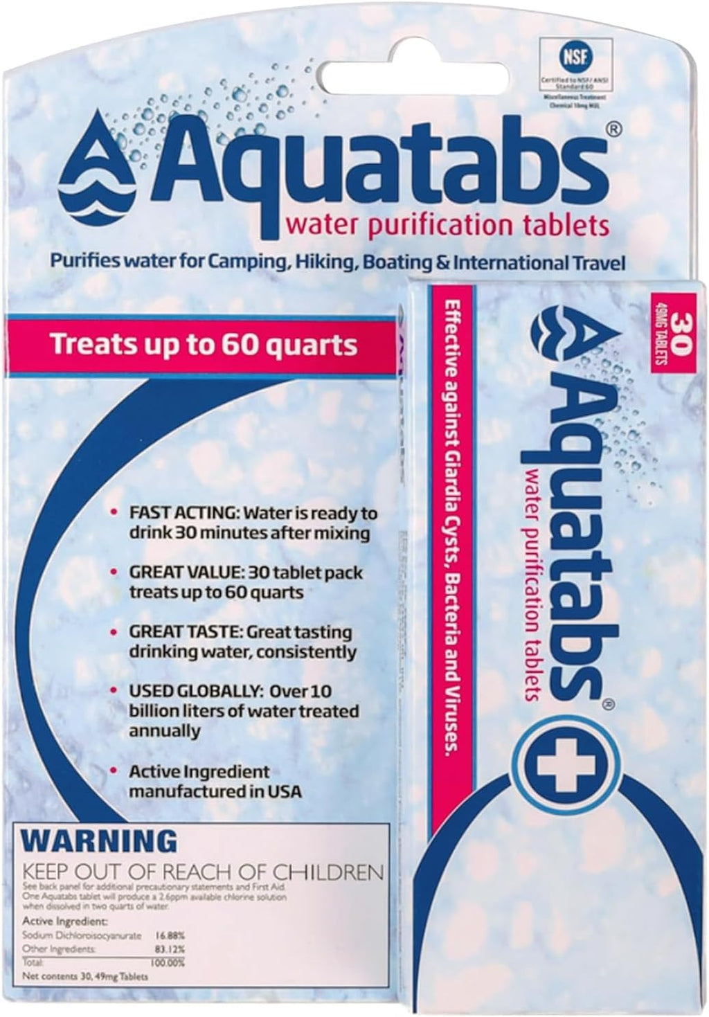 Aquatabs 49mg Water Purification Tablets, 30 Pack, EPA & NSF Certified