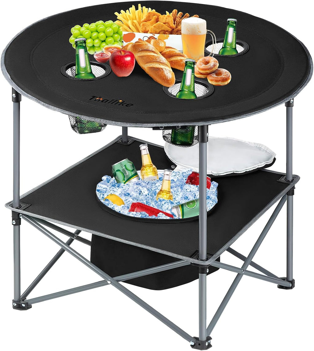 Portable Lightweight Folding Camping Table with Cooler and 4 Large Cup Holders Collapsible Picnic Camp Table Foldable Outdoor Table with Carry Bag for BBQ Tailgating Beach RV Travel Hiking