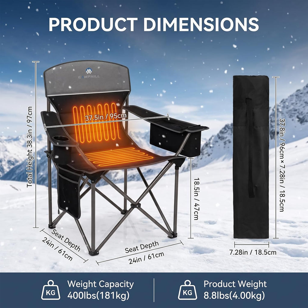 Heated Camping Chairs 2 Pack - Heavy Duty 400LBS Padded Lawn Chair with Cup Holder,Side Pocket,Collapsible for Outdoor,Camp,Fishing & Garden,Black,Battery NOT Included