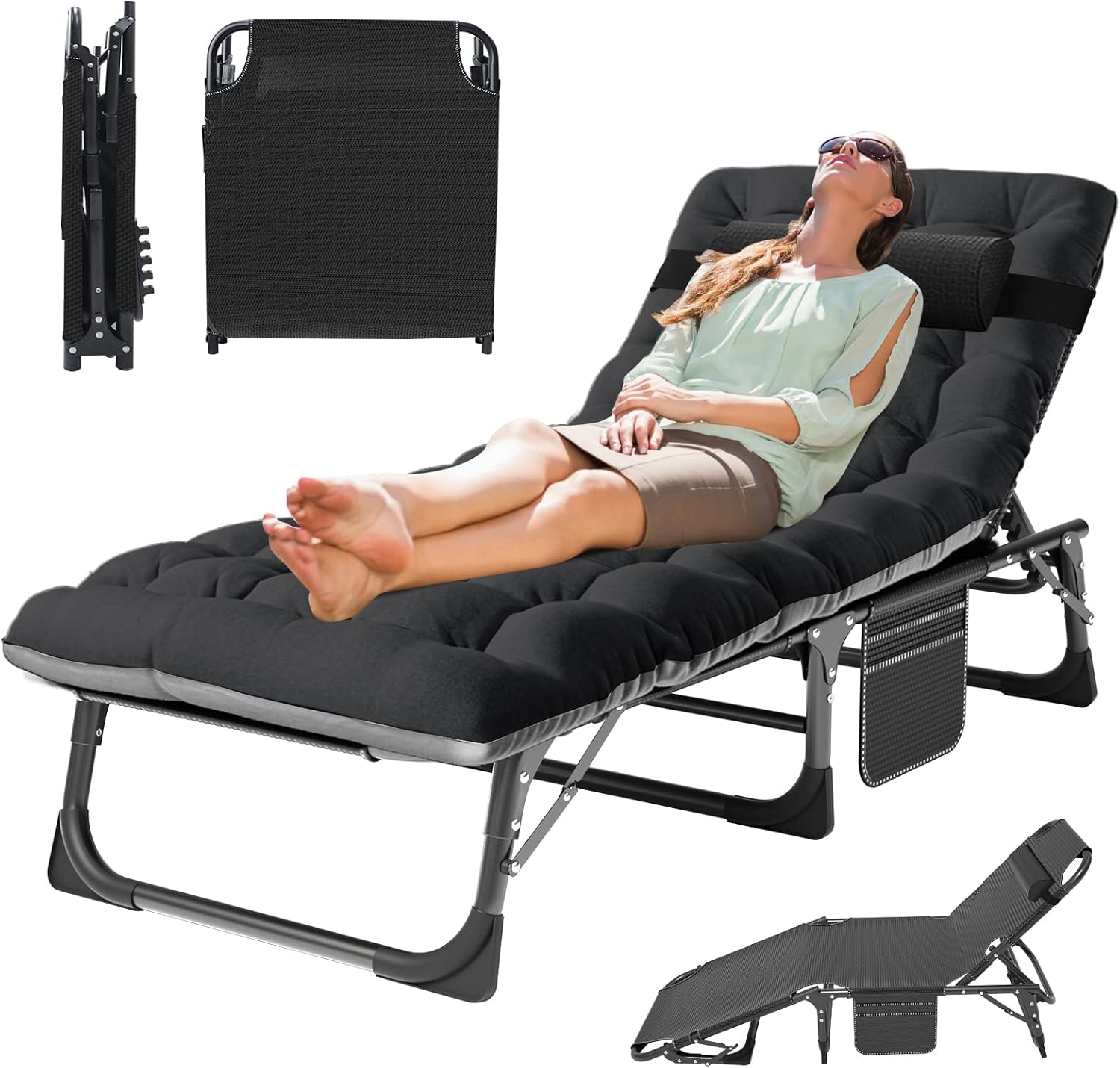 MOPHOTO Folding Lounge Chair, 5-Position Chaise Lounge with Padded Cushion