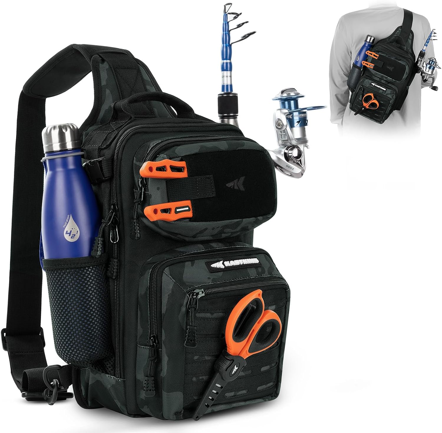 KastKing Blowbak Fishing Sling Bag, Fishing Backpack with Rod Holder
