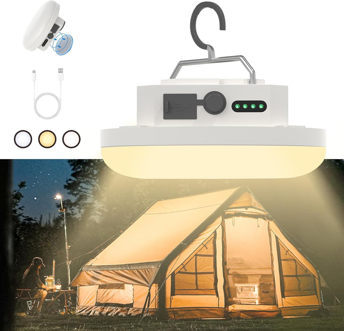 Hanging Camping Tent Light LED Rechargeable Portable Lantern Waterproof Outdoor Camp Lamp with Battery Power for Glamping Indoor Outages Car Repair(Infinite Dimming)