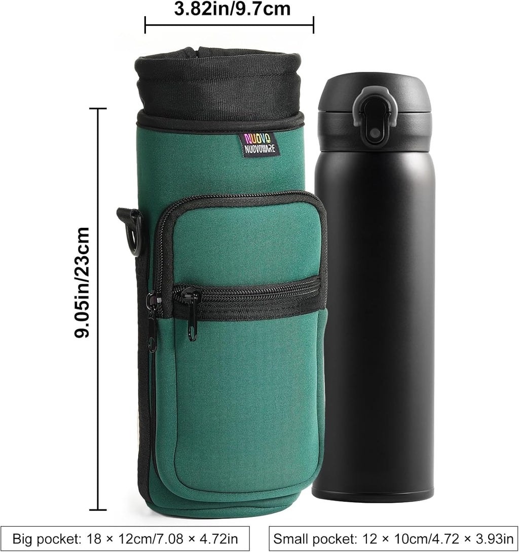 Nuovoware Water Bottle Carrier Bag, 40oz Bottle Pouch Holder, Adjustable Shoulder Hand Strap 2 Pocket Sling Neoprene Sleeve Sports Accessories for Hiking Travelling, Dark Green