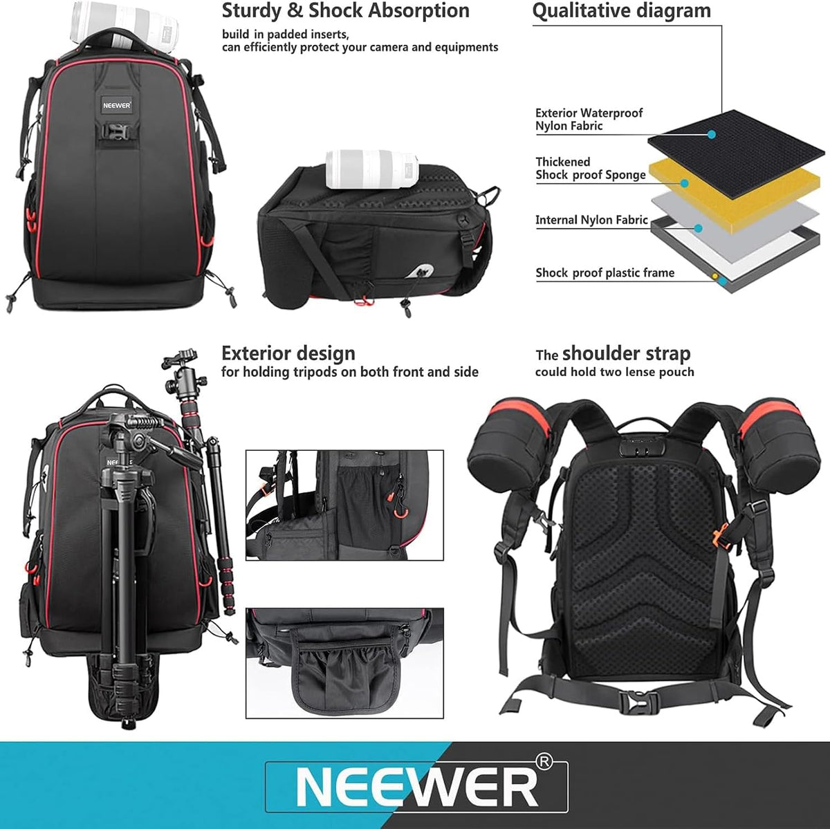 Neewer Pro Camera Case Waterproof Shockproof Adjustable Padded Camera Backpack Bag with Anti-theft Combination Lock for DSLR,DJI Phantom 1 2 3 Professional Drone Tripods Flash Lens and Other Accessory