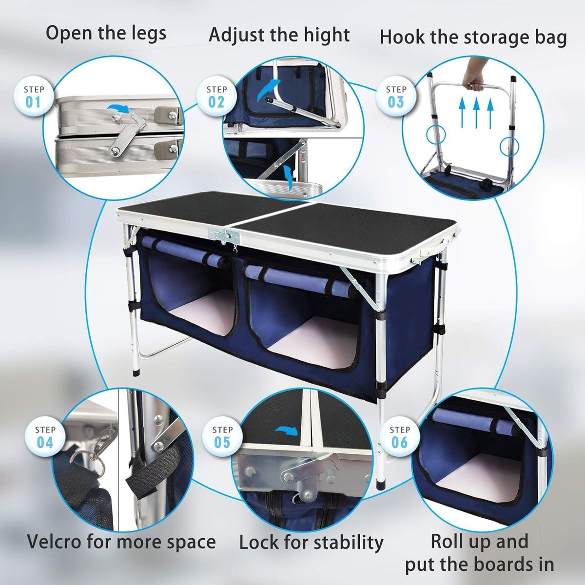 Folding Camping Table with Storage Compartment Aluminum Lightweight Camp Kitchen Table Height Adjustable Indoor/Outdoor Table Perfect for Tailgating, Backyards, BBQ,Picnic, Black