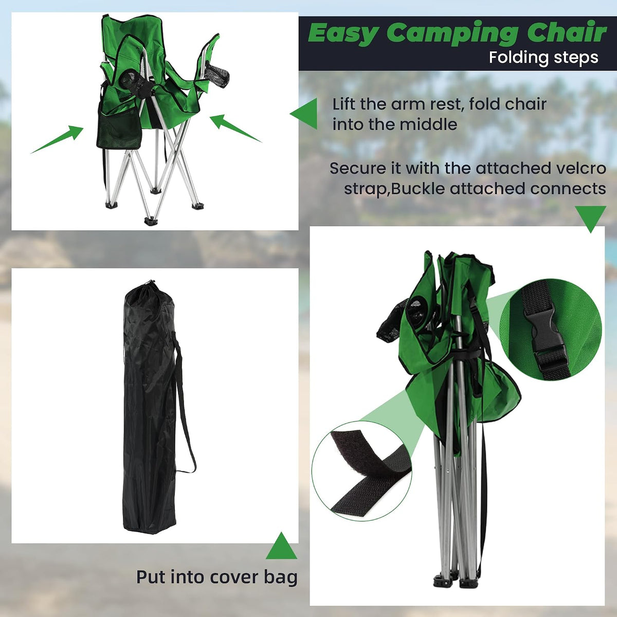 HULKFIT Folding Camping Chairs, Portable Outdoor Beach Lawn Chair for Adults with Carry Bag & Built-in Cup Holder, Casual Foldable Chair for Picnic Fishing Garden,Grass Green