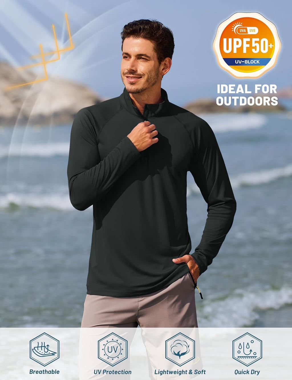 TACVASEN Men's Long Sleeve Athletic Shirts 1/4 Pullover Zip Sun Protection Rash Guard UPF 50+ Outdoor Running T-Shirts