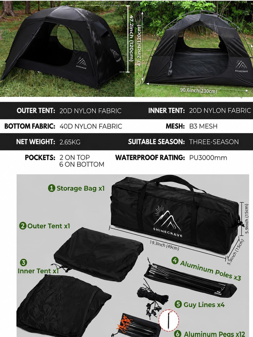 Camping Tent 2 Person, Backpacking Tent, 20D Nylon/Taffeta PU3000mm