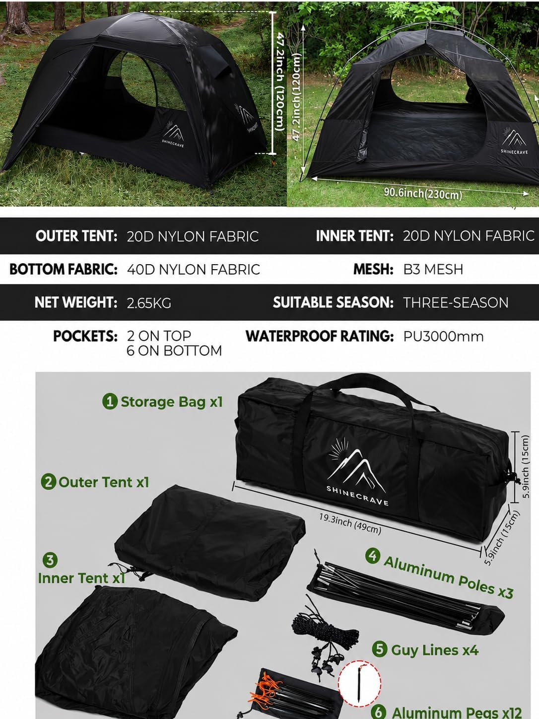 Camping Tent 2 Person, Backpacking Tent, 20D Nylon/Taffeta PU3000mm