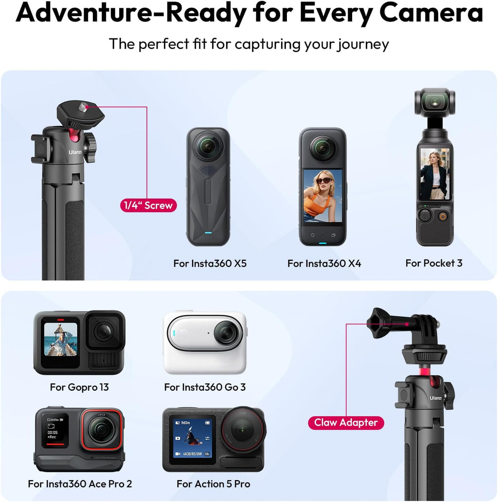 ULANZI MT-16 Extendable Mini Camera Tripod, 4 Levels Adjustment 360° Ball Head Cold Shoe Lightweight Portable Vlog Travel Selfie Stick Handle Grip Desktop Webcam Tripod for DSLR Action Camera