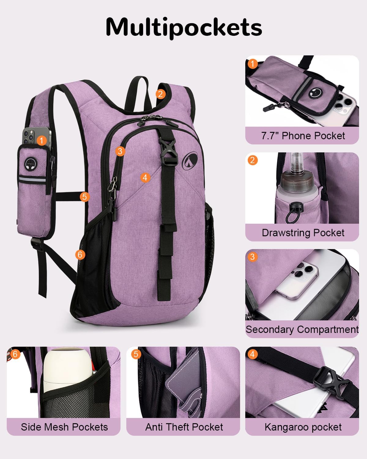 Folding Hiking Backpack with Phone Pocket for Men Women, Small Ultralight Packable Casual Daypack with Shoulder Chest Straps for Travel, 15L Foldable Lightweight Day Pack, Purple