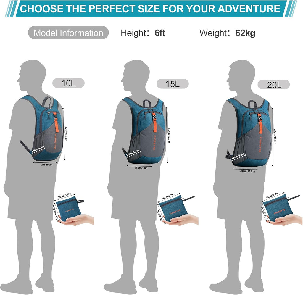 FIORETTO 10L Hiking Backpack for Men Women Lightweight Foldable Small Daypack for Travel Camping Outdoor, Turquoise