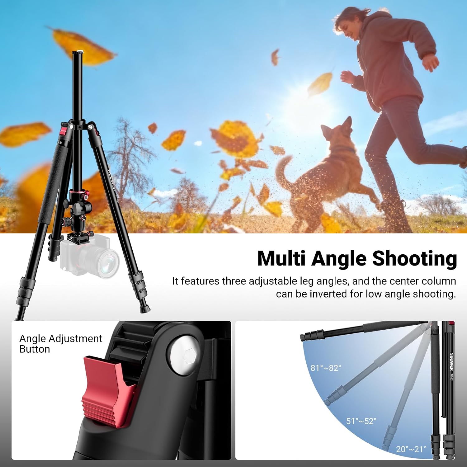 NEEWER 90 Inch Tall Overhead Horizontal Camera Tripod Monopod with Ball Head & Flexible Center Column, Metal DSLR Video Travel Stand, Arca Type QR Plate & Inverted Legs, Max Load 10 kg / 22 lbs, TP63