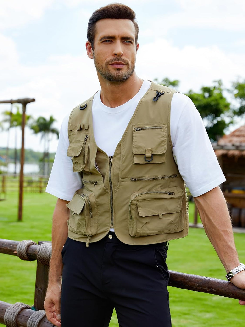 Gihuo Mens Fishing Vest Lightweight Utility Vests Cargo Outdoor Safari Travel Vest with Pockets