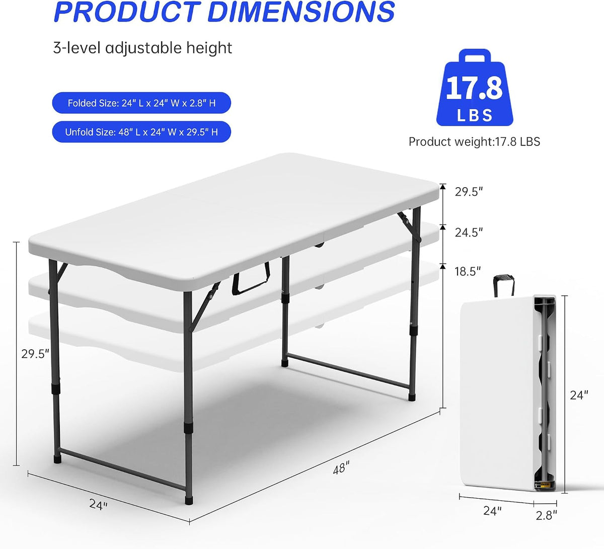 VSOAEIL 4 FT Folding Table 2 Pack Plastic Foldable Table Adjustable Height