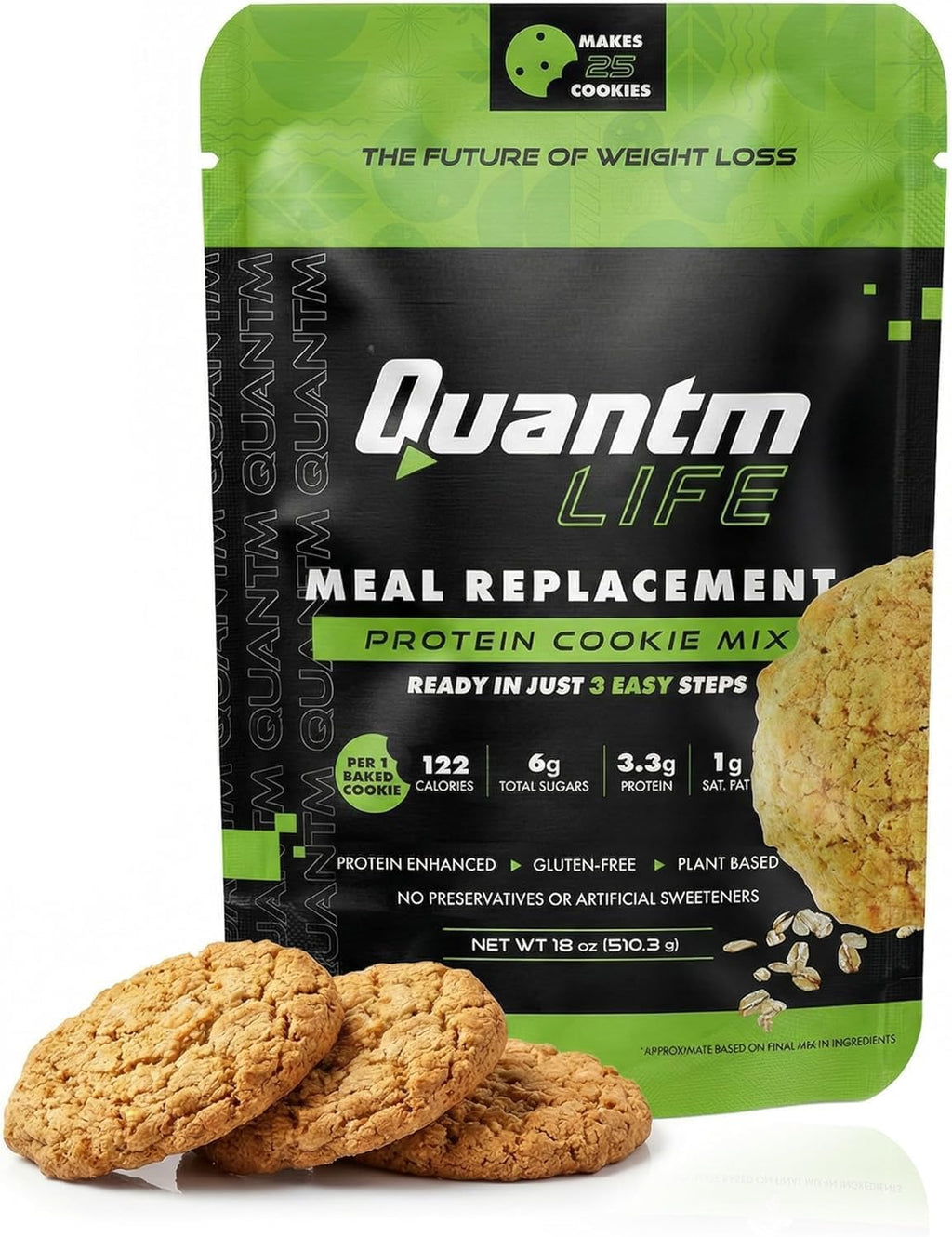 Cookie Mix, Gluten Free, Plant-Based Meal Replacement Plan with Hemp Protein, Rich in Fiber, Low in Sugar, No Preservatives or Artificial Sweeteners, 18 oz, 3 Pack, 2-Week Supply