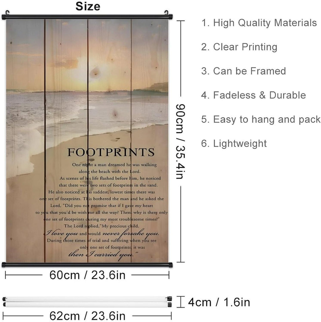 Footprints in the Sand Religious Canvas Wall Art Posters, Inspirational Beach Sunset Poem Print Poster (Black Axis 24x36inch, Footprints(1))