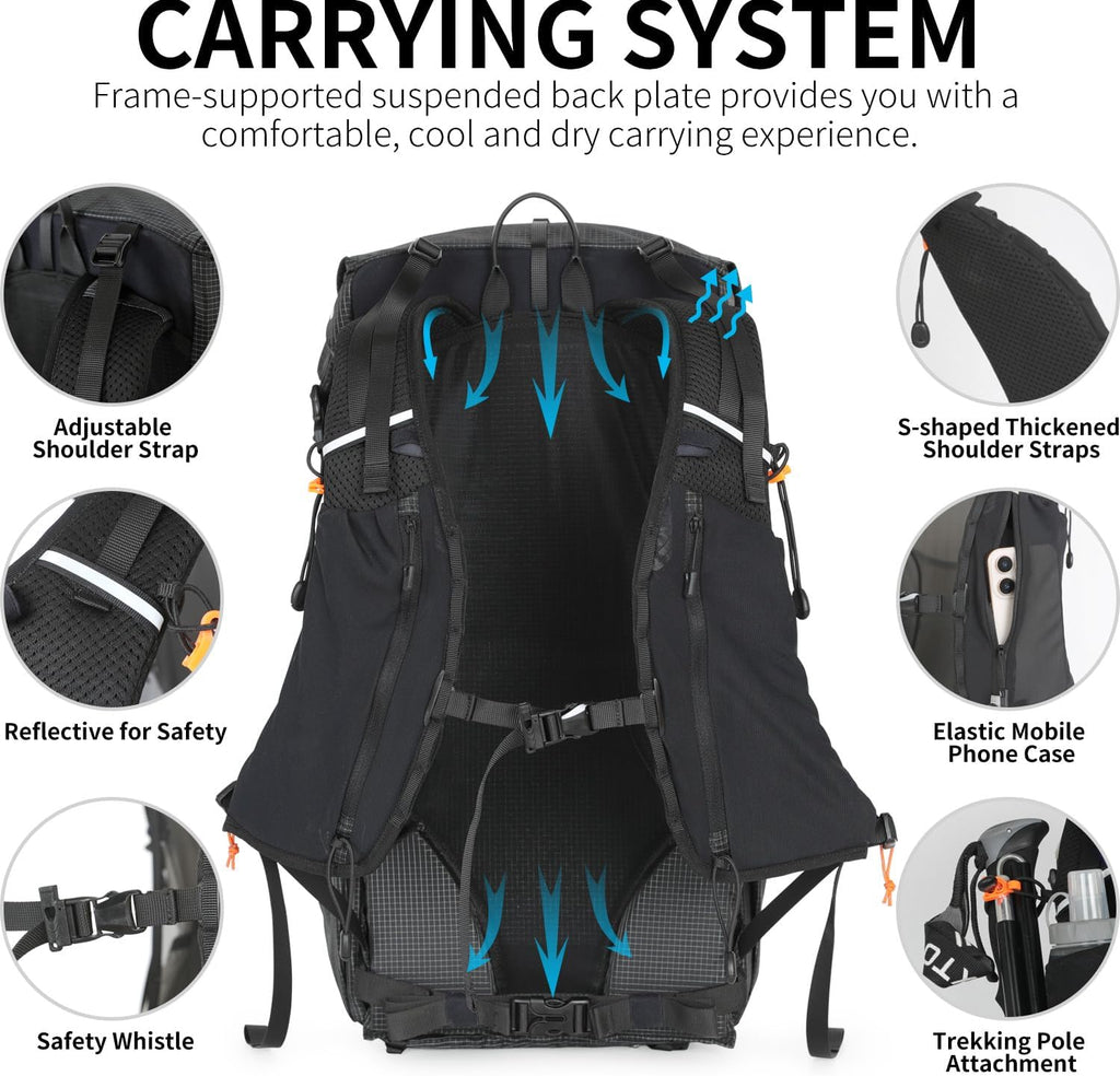 IX INOXTO Hiking Backpack for Men and Women, 30L Waterproof Camping Backpack with 3L Water Bladder and Rain Cover, Lightweight Outdoor Sport Travel Daypack Rucksack for Climbing Cycling (Black)