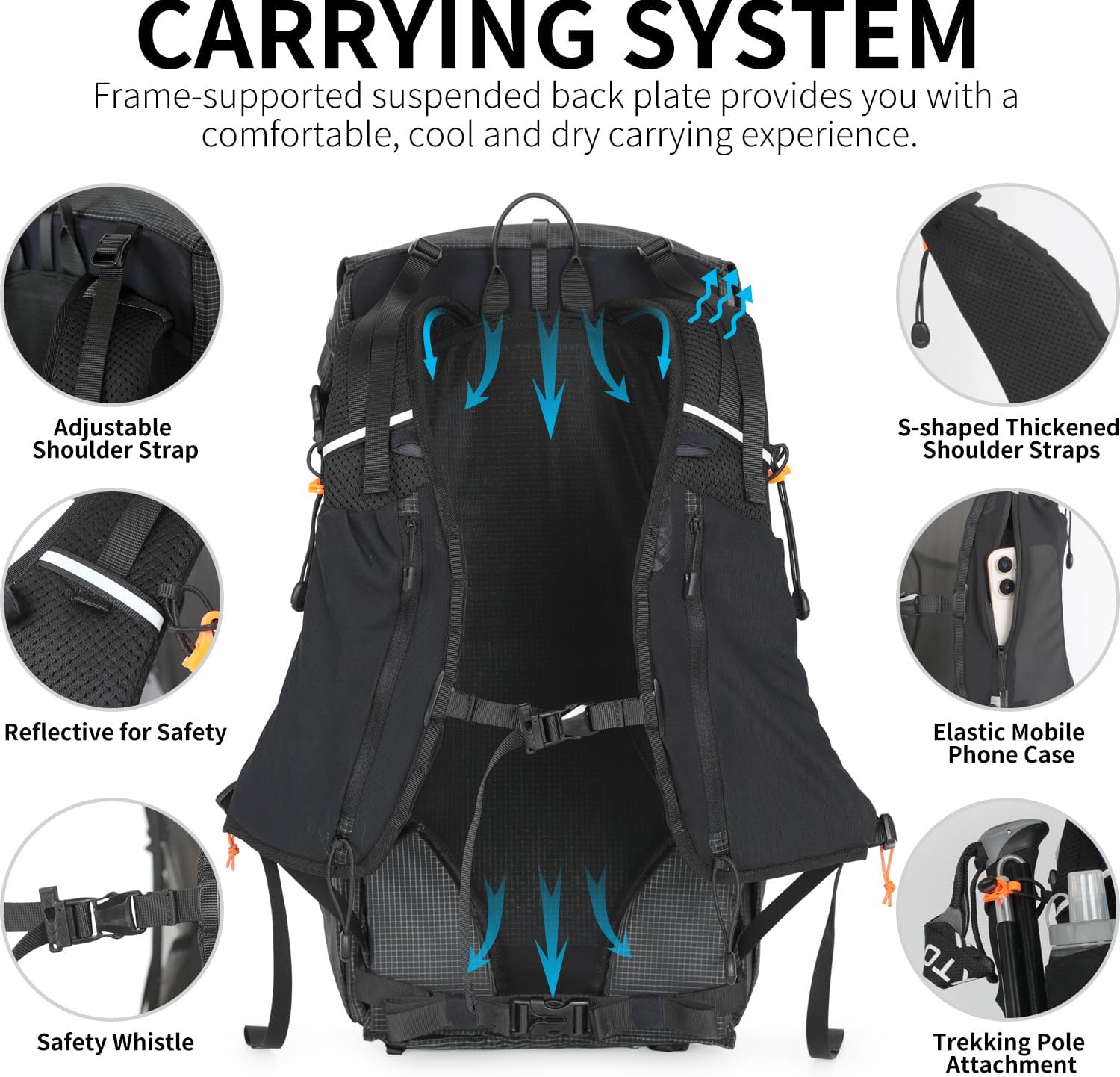 IX INOXTO Hiking Backpack for Men and Women, 30L Waterproof Camping Backpack with 3L Water Bladder and Rain Cover, Lightweight Outdoor Sport Travel Daypack Rucksack for Climbing Cycling (Black)