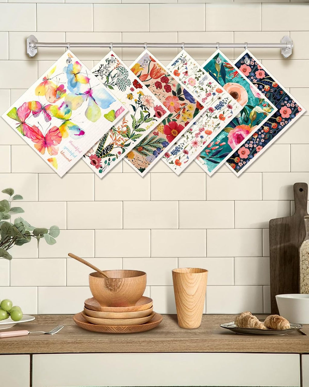 Miss Adola 6 Pack Swedish Dishcloths for Kitchen - Reusable Dish Cloths for Washing Dishes Absorbent Cute Funny Kitchen Towels Cleaning Sponge, Floral Bird