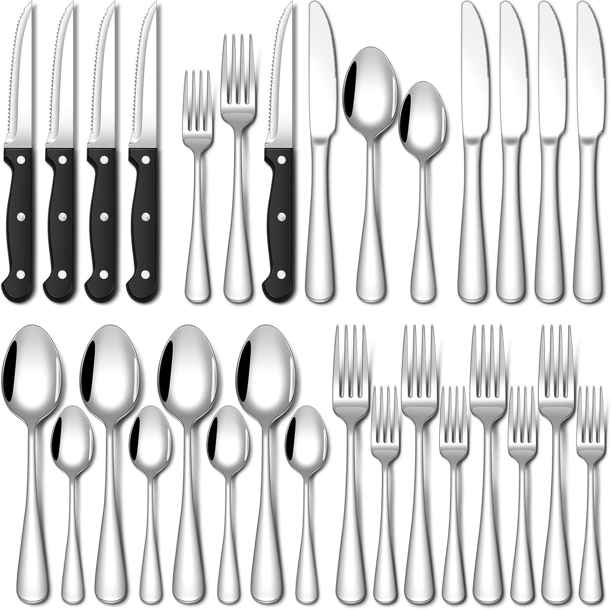 EUIRIO 24 Piece Silverware Set with Steak Knives Food Grade Stainless Steel Flatware Set for 4 Cutlery Utensil Set Includes Knife Spoon and Fork Mirror Polished Dishwasher Safe for Home Restaurant
