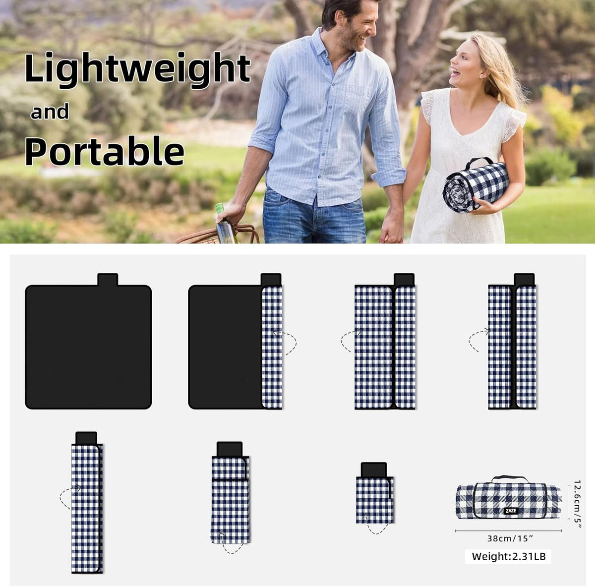 ZAZE Picnic Blankets Machine Washable, 80''x80'' Extra Large Waterproof Sandproof Foldable Compact Beach Blanket, Oversized XL Outdoor Mat for Spring Summer Camping, Park, Travel Grass(Blue and White)