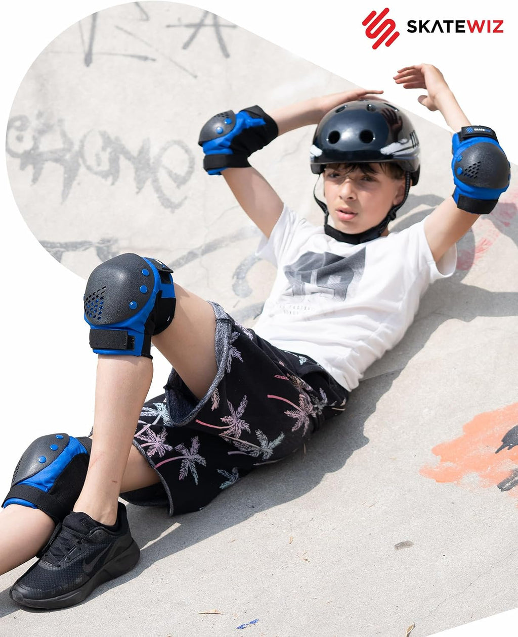 SKATEWIZ Skateboard Pads Protective Gear Set for Kids and Adults - Smash - Roller Skate Pads [6pc] with Wrist Guards - Skating Protective Gear - Roller Derby