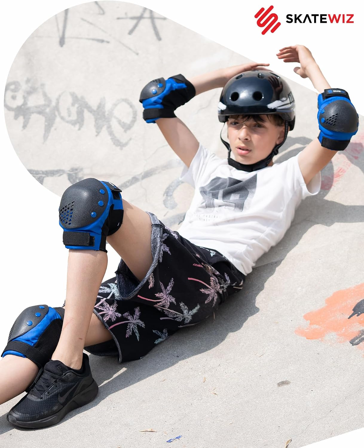 SKATEWIZ Skateboard Pads Protective Gear Set for Kids and Adults - Smash - Roller Skate Pads [6pc] with Wrist Guards - Skating Protective Gear - Roller Derby