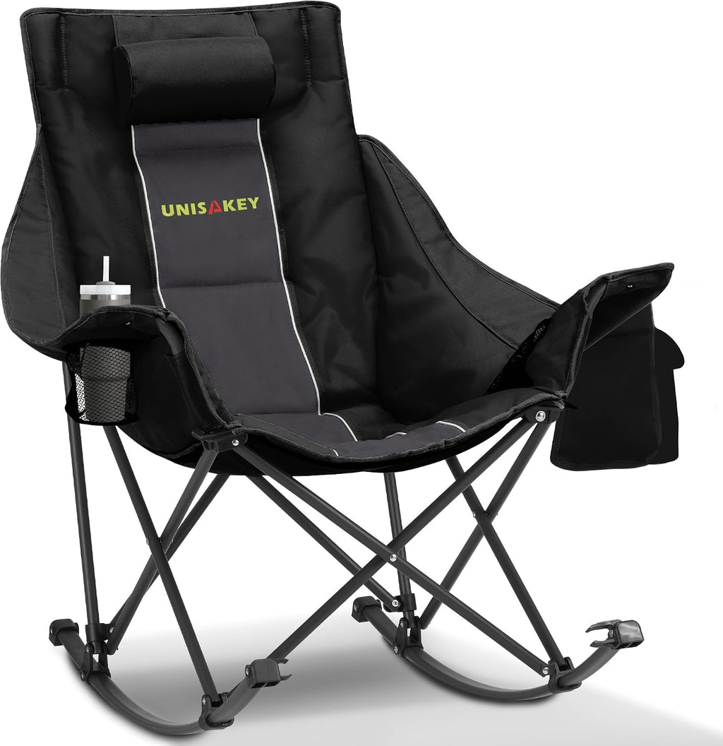 Unisakey Oversize Foldable Rocking Camping Chair300lbs Capacity,Deep Gray