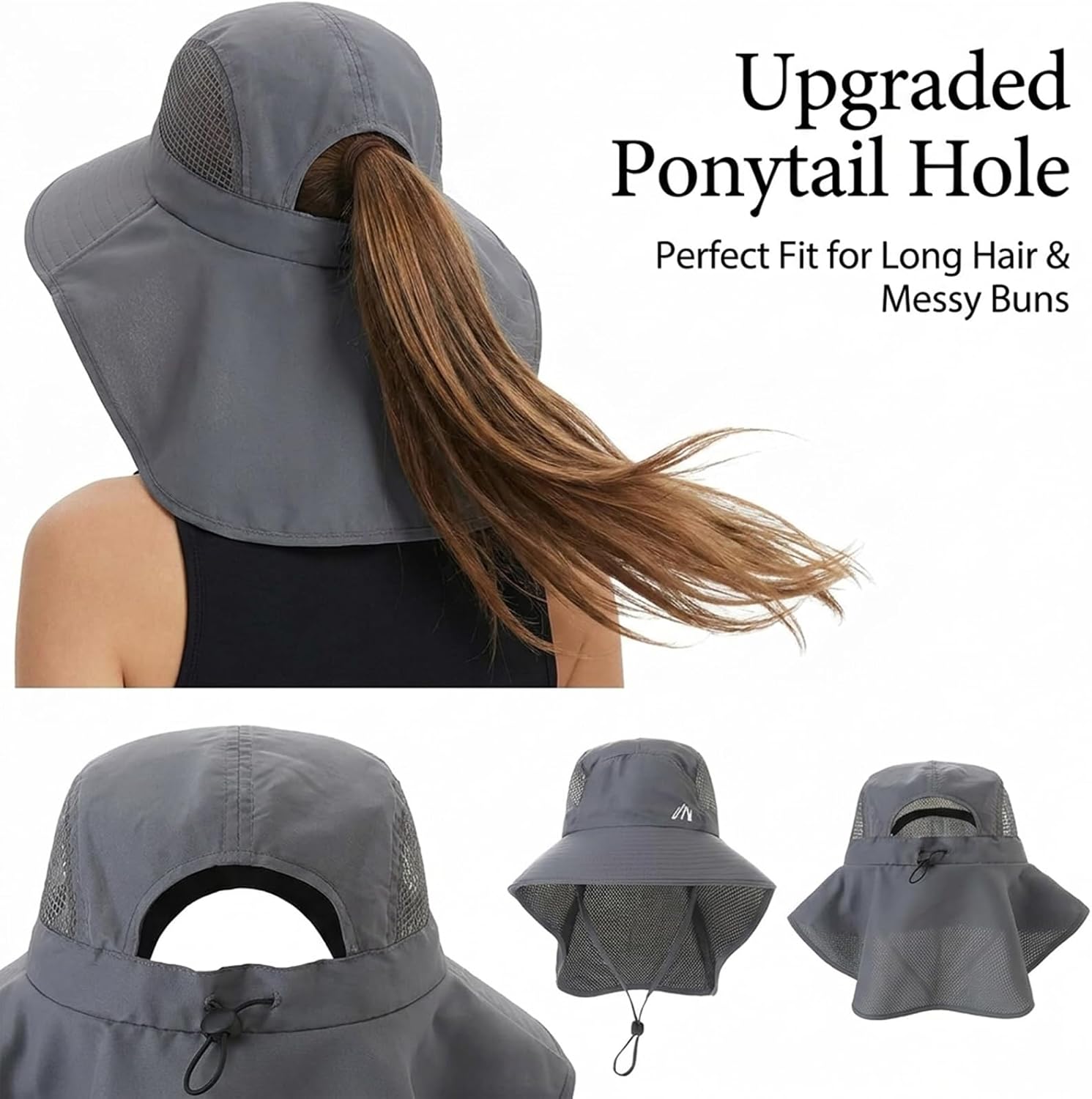 UV Sun Protection Hat Women Foldable Neck Flap Wide Brim Fishing Hat with Ponytail Hole for Women