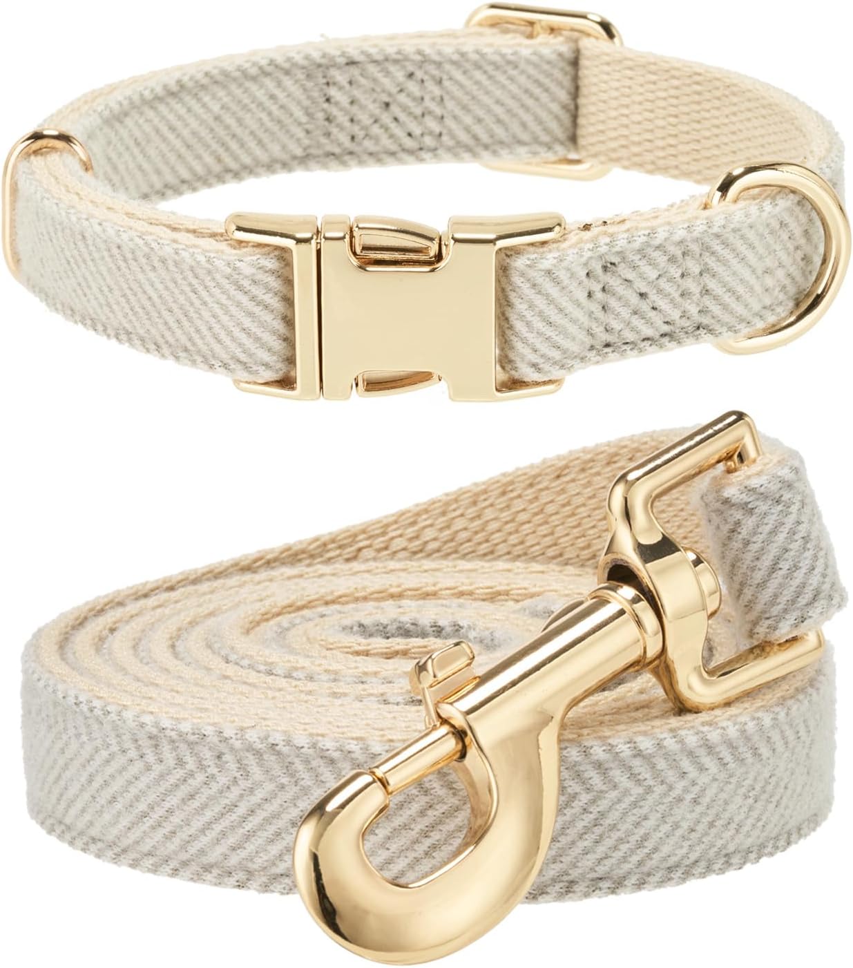 Soft Dog Collar and Leash Set Adjustable Woven Tweed Dog Collars with Metal Buckle and Lead for Small Medium Large Dogs,Grey