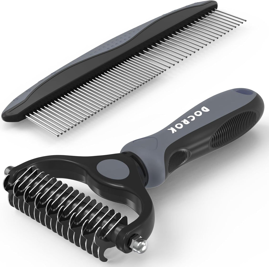 Docrok Pet Grooming Combo: Undercoat Rake, Dematting Deshedding Brush for Long-Haired Dogs and Cats, Black