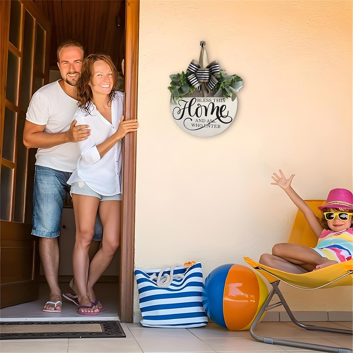 Welcome Sign for Front Door, Rustic Round Wood Wreaths Wall Hanging Outdoor Decor, Porch Fence Decorations Hanging Gift for Home Outdoor for Spring Summer Fall All Seasons Holiday, Bless This Home