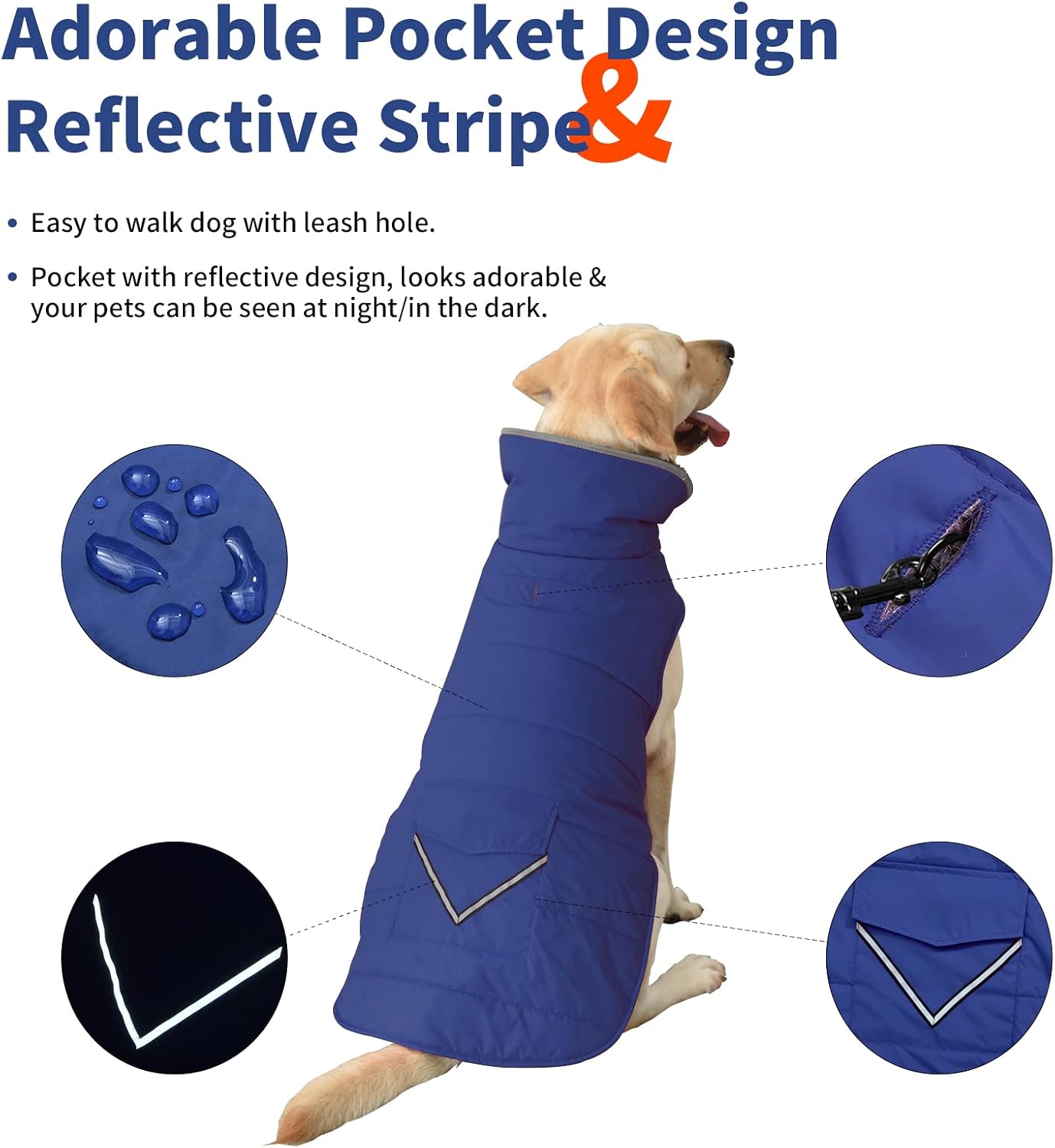 Petglad Dog Coat, Waterproof Dog Winter Jacket with Pocket, Reflective Adjustable Pet Snow Vest, Warm Cozy Fleece Sweater for Small Medium Extra Large Dogs - Blue, S