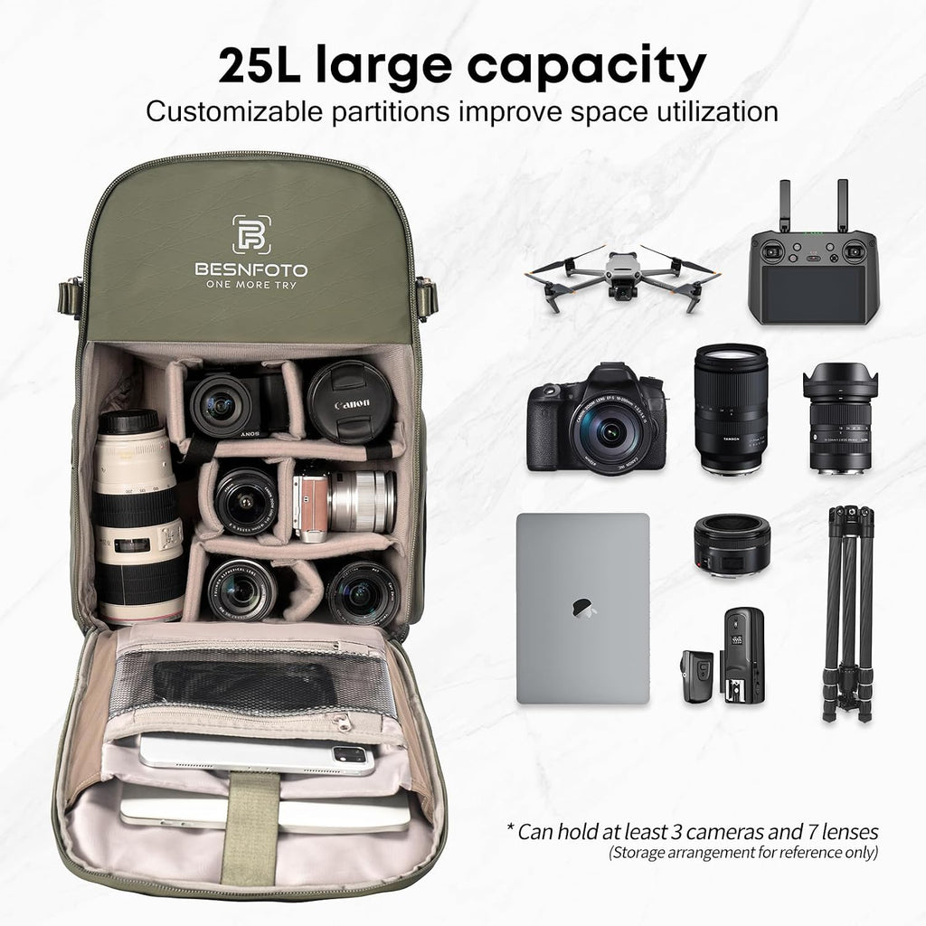 Besnfoto Camera Backpack Waterproof Bag Professional Travel Photography Bag Large for DSLR SLR Mirrorless Camera with Tripod Holder and Laptop Compartment Compatible with Canon/Nikon/Sony