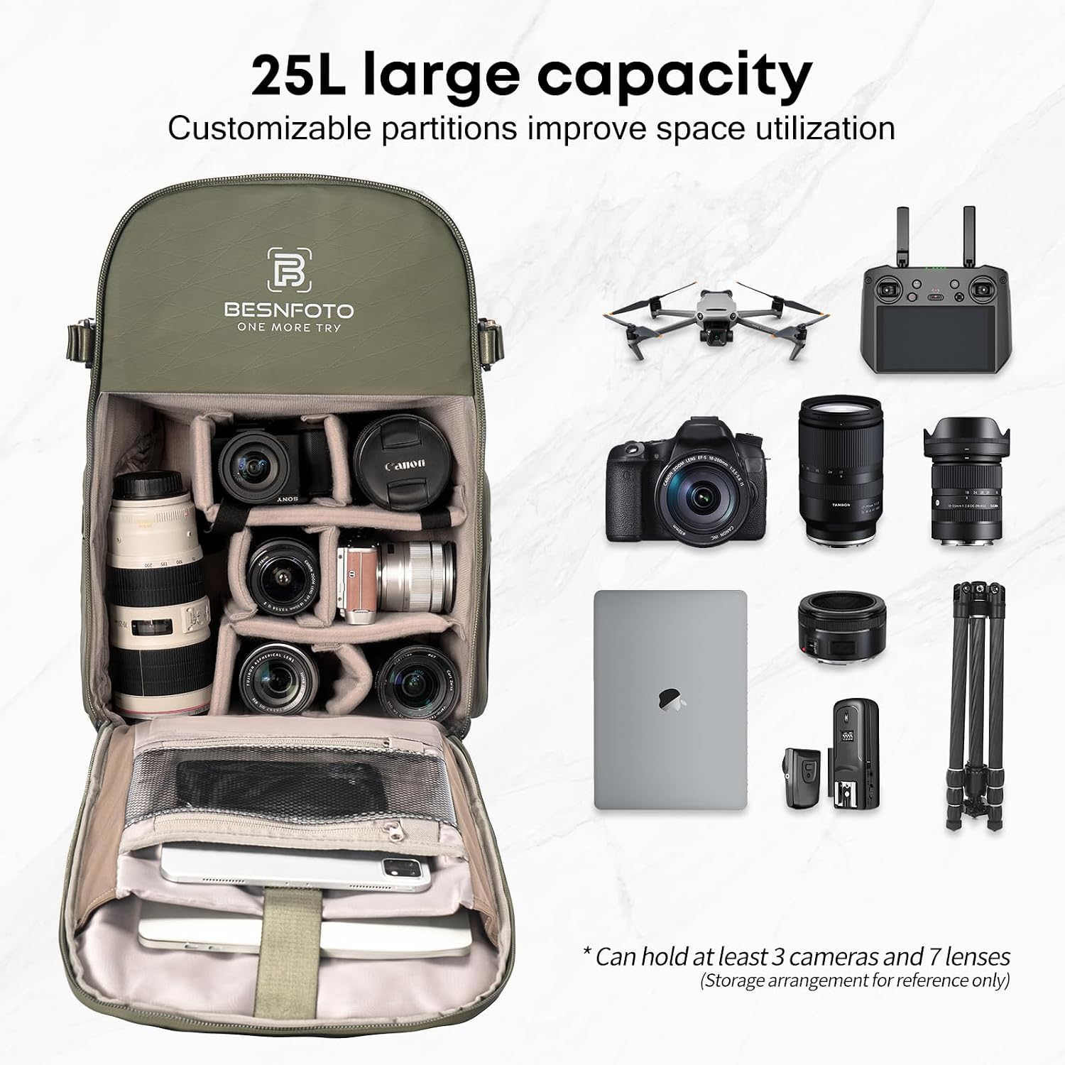 Besnfoto Camera Backpack Waterproof Bag Professional Travel Photography Bag Large for DSLR SLR Mirrorless Camera with Tripod Holder and Laptop Compartment Compatible with Canon/Nikon/Sony