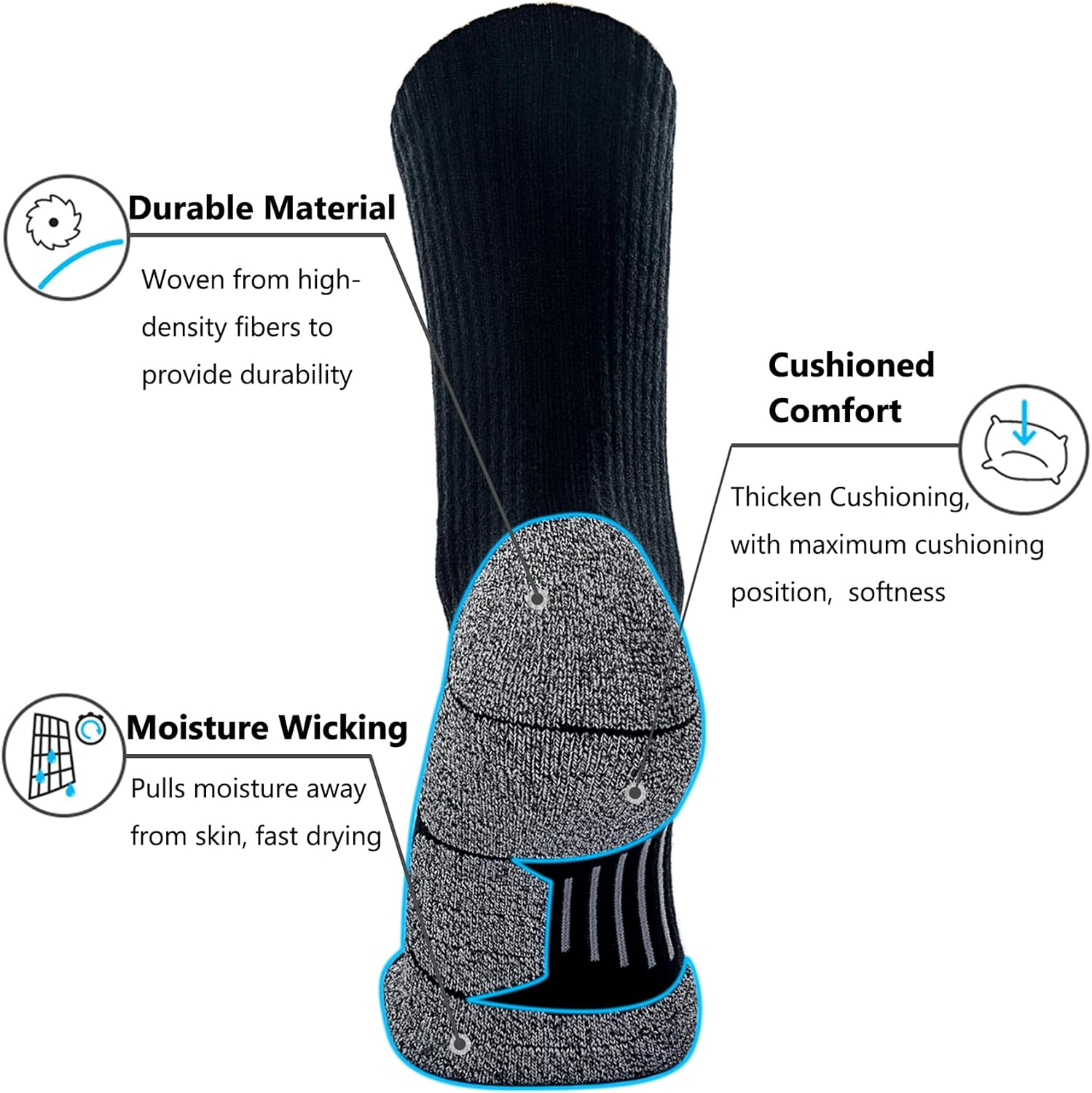 CWVLC Crew Hiking Socks, Cushion, Moisture Wicking, Arch Compression Boot Socks