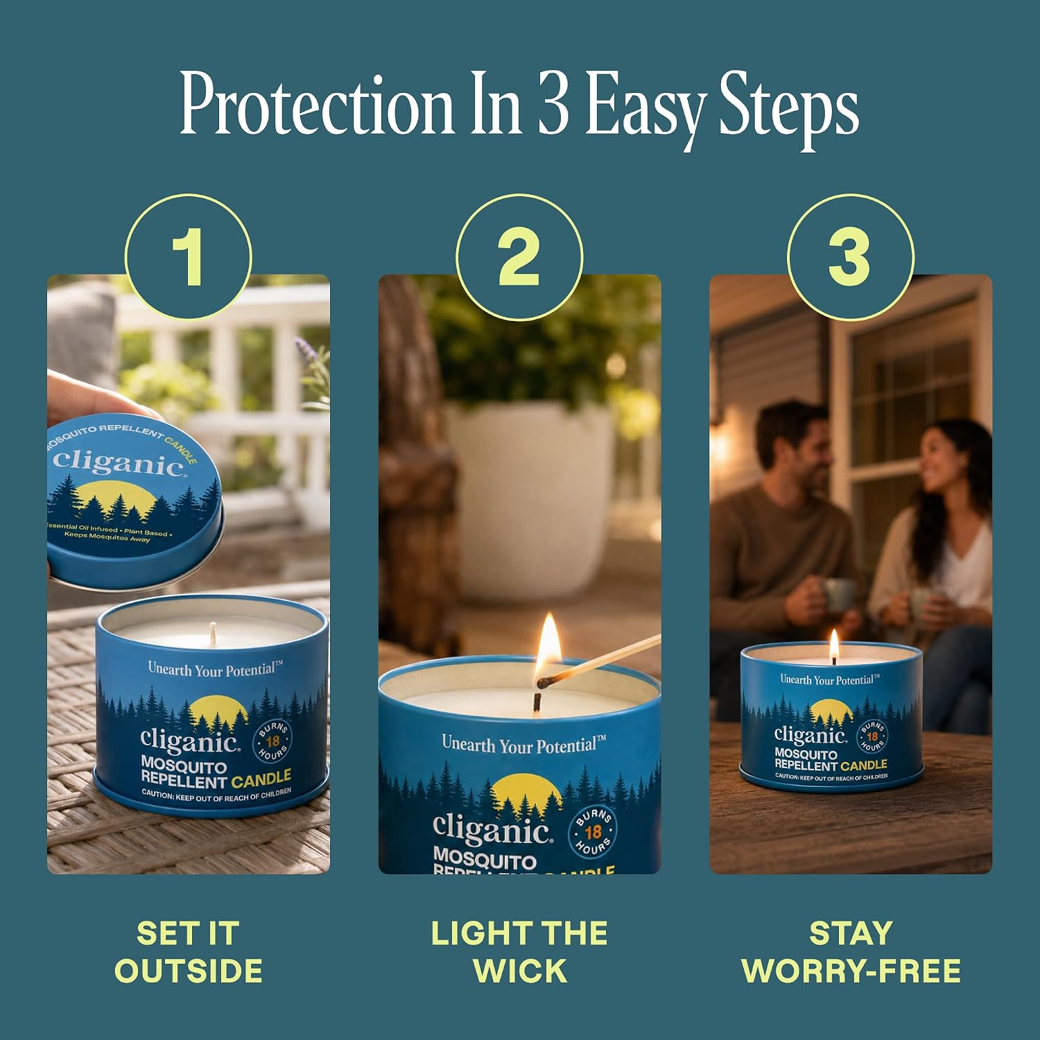 Cliganic Natural Mosquito Repellent Candle (Pack of 2) | Citronella, DEET Free, Essential Oil Infused for Outdoor, Camping | Burns 18 Hours
