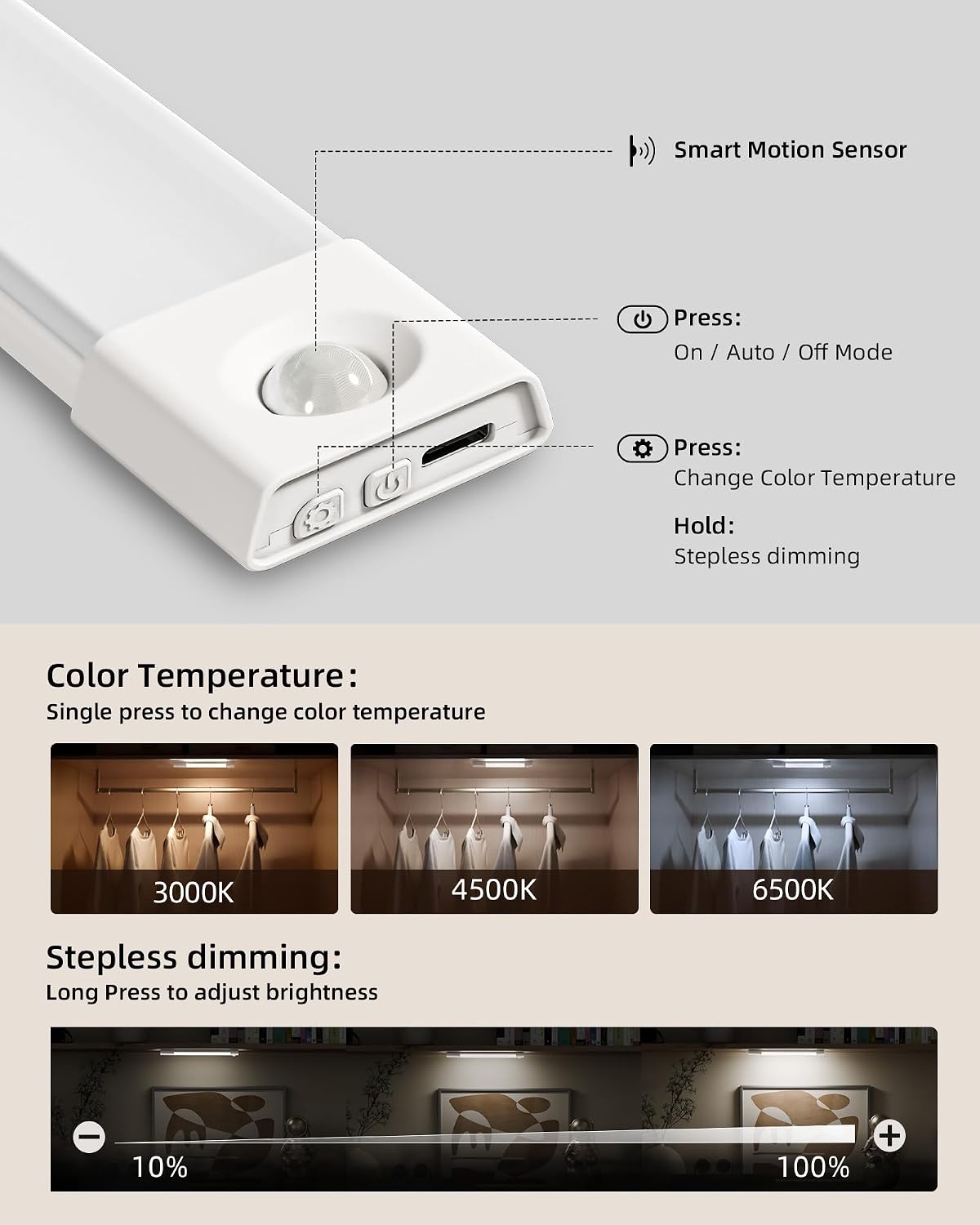 EZVALO 3 Pack 8” Motion Sensor Light Indoor Rechargeable, Stick on Under Cabinet Lighting Wireless, 30 LEDs Closet Light, Dimmable, 3 Color Temps, Counter Lights for Wardrobe, Pantry, Bedroom, Kitchen