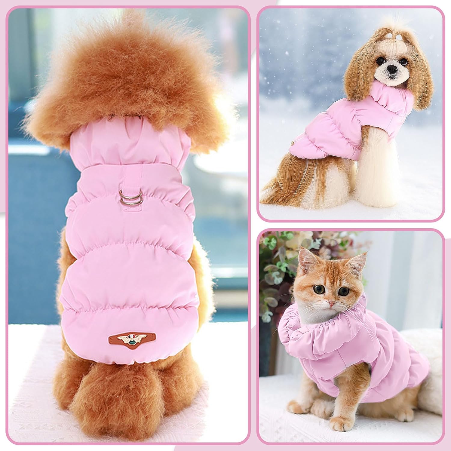 ABRRLO Winter Warm Dog Jacket for Small Medium Dogs Cat Cold Weather Coats with Harness Paded Dogs Fleece Vest Waterproof Windproof Dog Snow Jacket Pet Puppy Clothes (Pink,L)