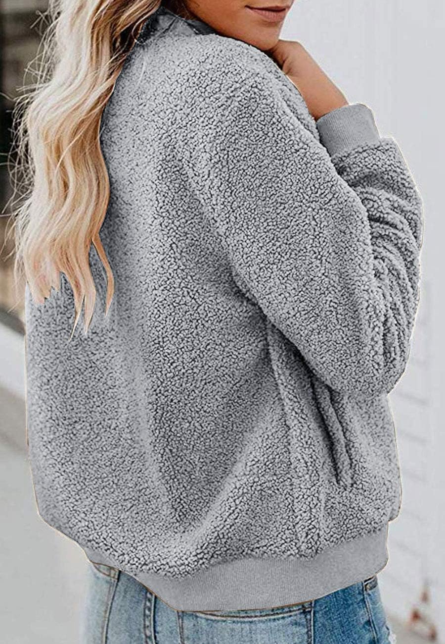 MIROL Women's Fall Fleece Bomber Jacket Trendy Sherpa Winter Coat Fuzzy Casual Long Sleeve Zip Up Loose Fit Jackets